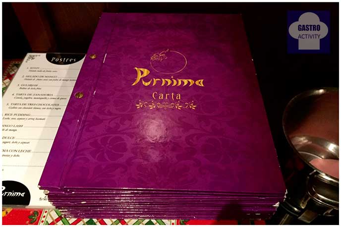 Carta del Restaurante Purnima Restaurante Purnima comida hindu Madrid