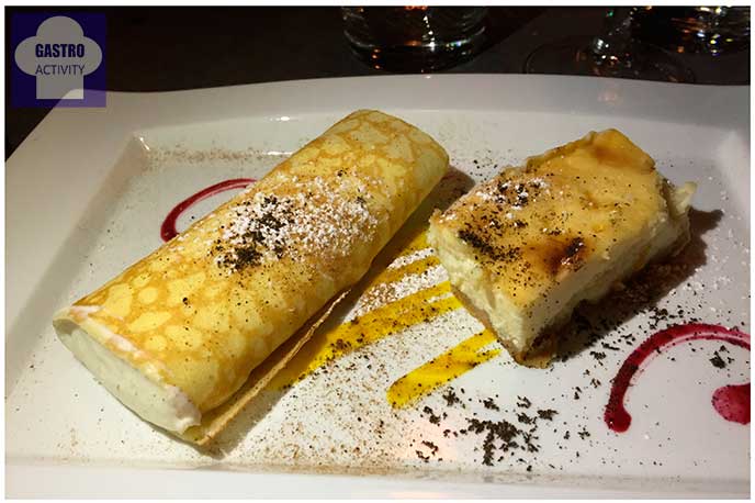 Filloa con mousse de queso y Tarta de queso Restaurante Los Montes de Galicia Filloa con mousse de queso y Tarta de queso Restaurante Los Montes de Galicia